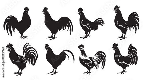 Free Rooster Silhouette Vector , black silhouettes isolated on white background