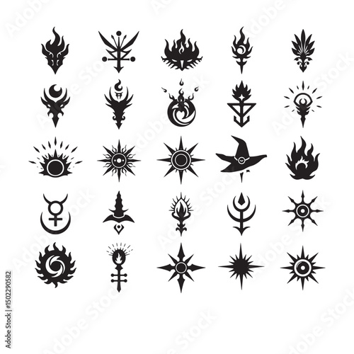 Collection of magical symbols and emblems in black and white suitable for design projects