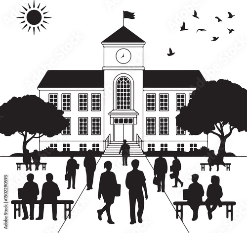 Kids with Backpacks Silhouette Design

School Bus Arriving Vector Scene

Teacher and Students Classroom Silhouette

School Supplies Collection Vector Art

Children Walking to School Silhouette