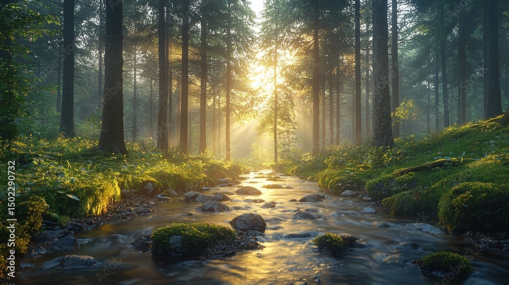 Obraz premium Sunlight streams through misty forest, illuminating a tranquil creek. Lush greenery and moss-covered rocks line the waterway