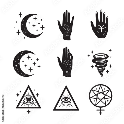 Mystical collection of black and white celestial hand drawn esoteric illustrations and symbols