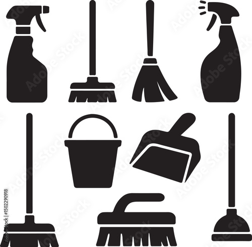 Cleaning Tools Solid Icon Set Silhouette Household Equipment Vector Illustration.