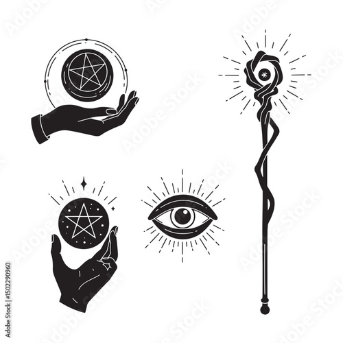 Mystical occult elements in black and white featuring hands crystal ball eye and staff
