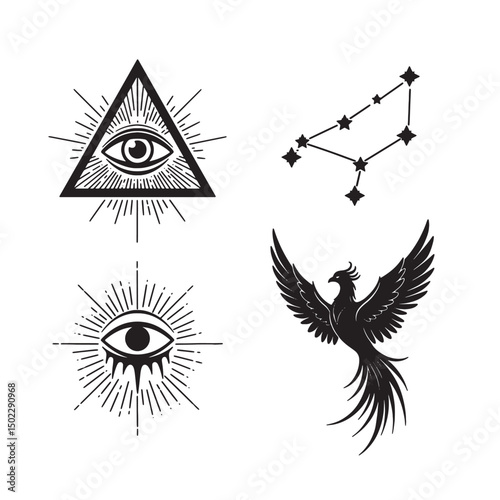 Mystical occult illustrations featuring the eye of providence, constellations, and a phoenix