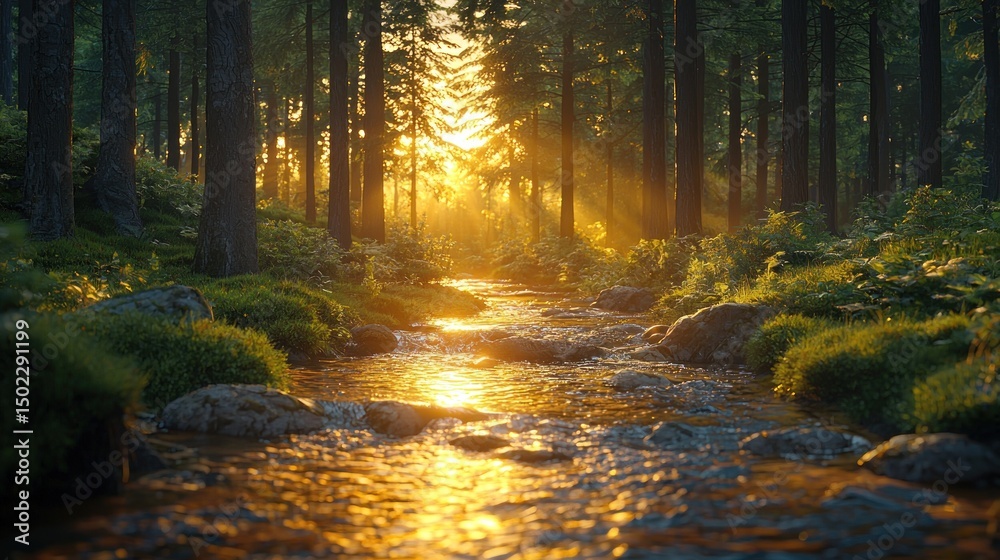 Obraz premium Sunlight streams through a tranquil forest creek