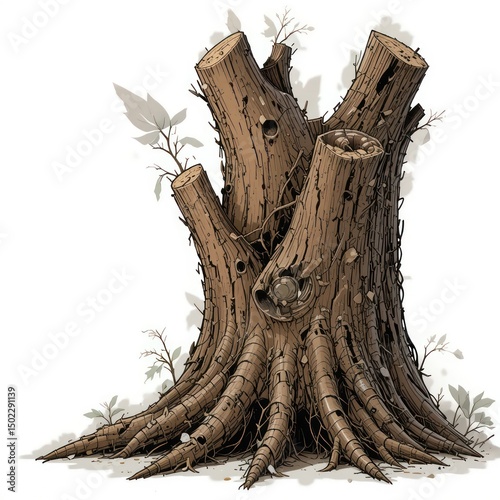 a broken amazon tree trunk clipart, ecological detail, textured drawing style, earthy tone, png transparent