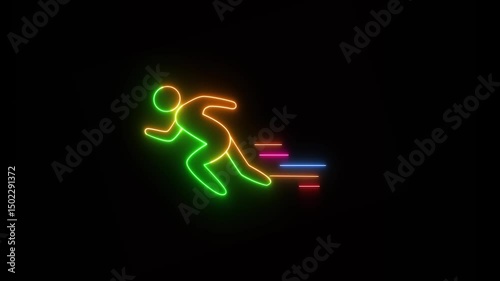 Neon green and yellow color running Icon animation. Glowing run fast people icon video. Racing people silhouette sign concept. Neon line a man run or racing icon animation