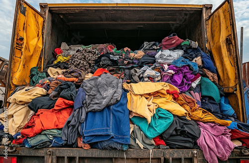 Overflowing truck filled with discarded textiles and garments for donation