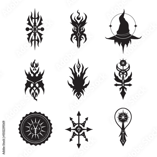 Set of nine black and white mystical symbols and decorative elements for design
