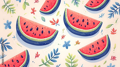Watermelon Slices, Floral Pattern