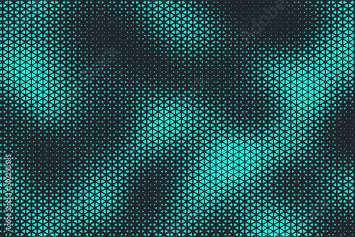 Abstract background with aqua blue triangle dots. Triangle halftone geometric background. Halftone triangular retro 80s pattern. Minimal style retro dynamic wallpaper.	