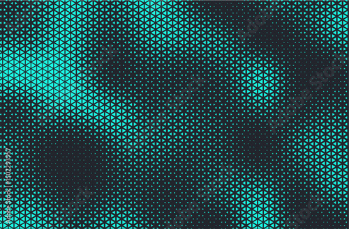 Abstract background with aqua blue triangle dots. Triangle halftone geometric background. Halftone triangular retro 80s pattern. Minimal style retro dynamic wallpaper.	