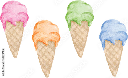colorful ice cream set watercolor illustration