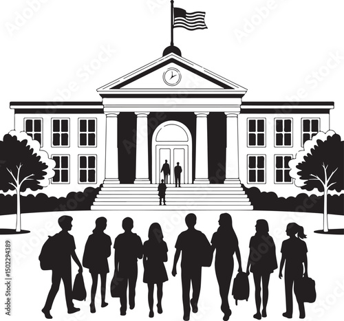 Kids with Backpacks Silhouette Design

School Bus Arriving Vector Scene

Teacher and Students Classroom Silhouette

School Supplies Collection Vector Art

Children Walking to School Silhouette