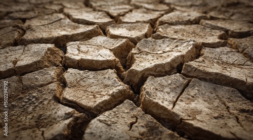 Close-up of cracked, parched earth, showing a network of polygonal fissures in light brown and tan tones