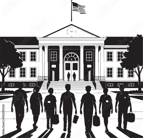 Kids with Backpacks Silhouette Design

School Bus Arriving Vector Scene

Teacher and Students Classroom Silhouette

School Supplies Collection Vector Art

Children Walking to School Silhouette