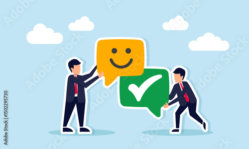 Businessman holding chat dialog with smile emoticon and another holding chat dialog with check mark illustration of sharing about business knowledge