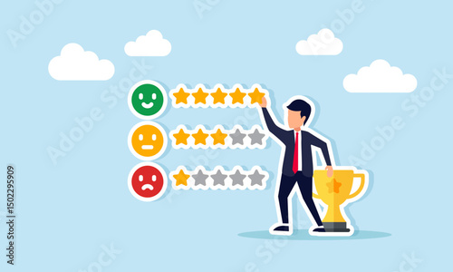 Businessman with trophy arranging five stars on review list illustration of good quality standards for becoming a leading company