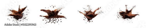 An eliment set of Explosion splash of ground coffee or cocoa powder with freeze isolated on background, pile of splatter of coffee grind dust powder, brown shattered beans,