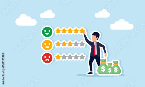 Businessman with many bags of money arranging five stars on review list illustration of good review and good profit