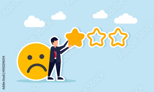 Businessman with sad emoticon placing one star illustration of poor quality and negative review on business standard
