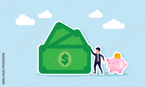 Businessman standing between giant money and piggy bank illustrating business financial management for investment purposes