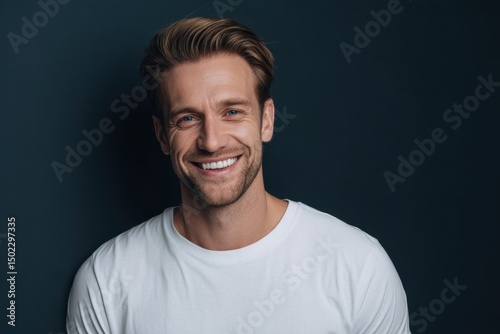 Smiling Man in White T-Shirt Against Dark Background, Representing Confidence and Personal Branding, Ideal for Recruitment and Corporate Communications : Generative AI