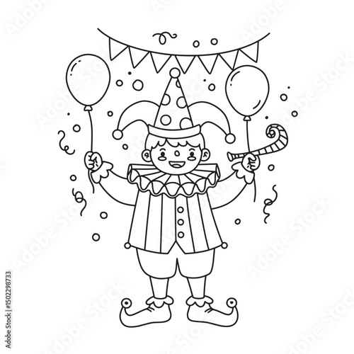 Cheerful illustration of a clown holding balloons and party horn celebrating a festive occasion