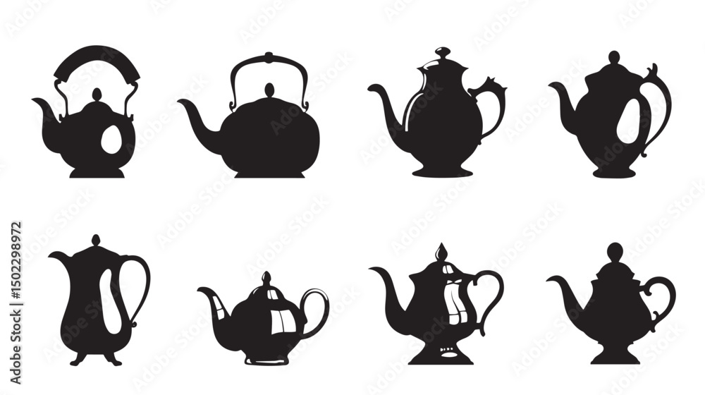 Free Teapot Silhouette , black silhouettes isolated on white background