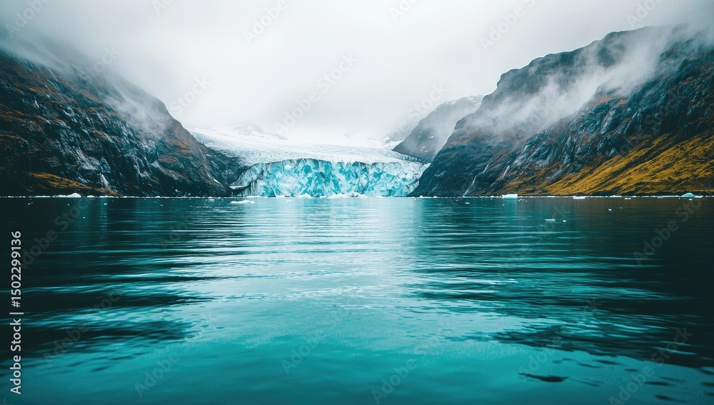 Fototapeta premium Glacial water reflecting mountains and mist.