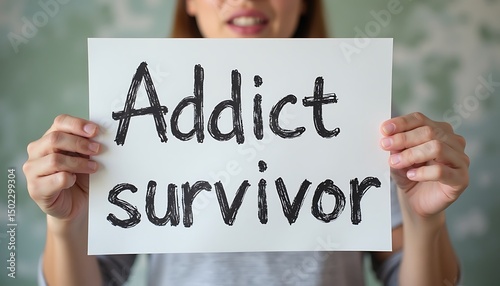 Woman Holding Sign Declaring Addict Survivor for Recovery and Support photo
