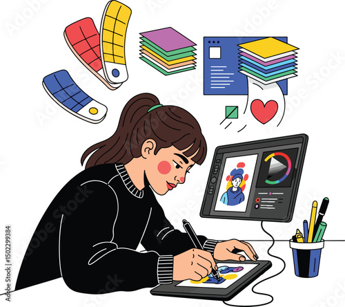 Flat vector illustration of female graphic designer working with digital tablet and color tools in creative workspace
