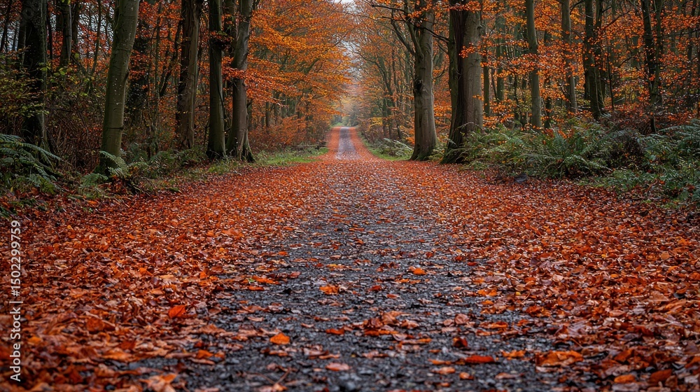 Fototapeta premium Autumnal forest path lined with vibrant orange leaves. 