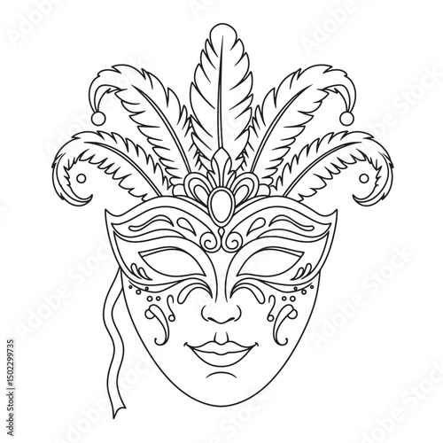 Elegant black and white venetian mask with feathers and decorative ornaments