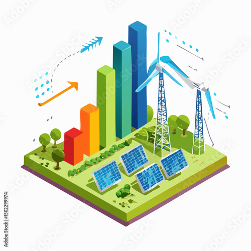 Isometric Illustration of Renewable Energy Growth with Wind Turbine and Solar Panels