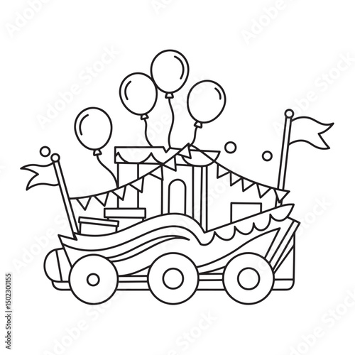 Festive cartoon parade float with balloons flags and decorative bunting in outline style