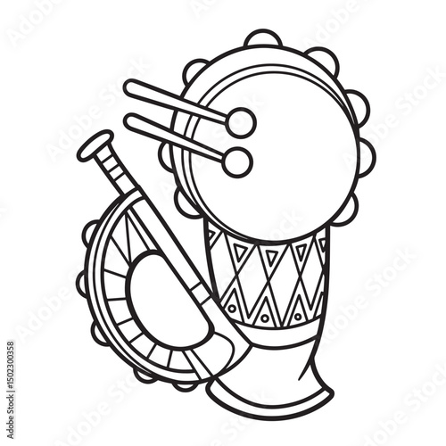 Hand-drawn vector illustration of a traditional drum with musical instruments and drumsticks