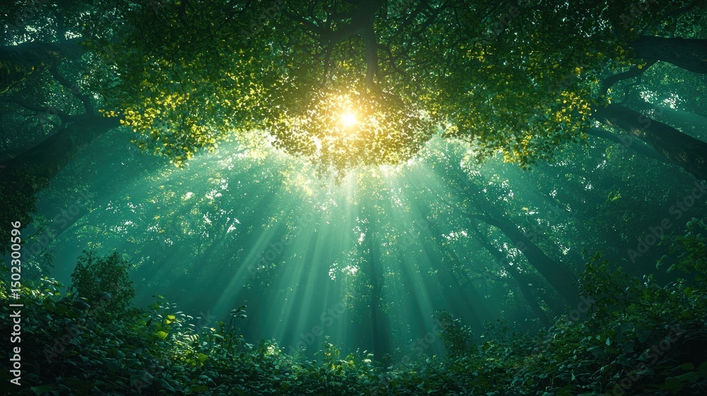 Fototapeta premium Sunlight filtering through a dense forest canopy. Lush greenery and vibrant light create a mystical atmosphere