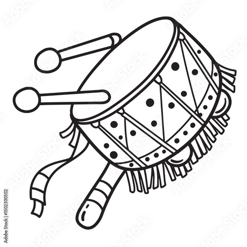 Illustrated black and white cartoon drum with drumsticks for musical composition and design