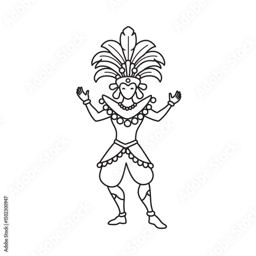 Outline illustration of a dancer wearing headdress and festive costume for carnival celebration