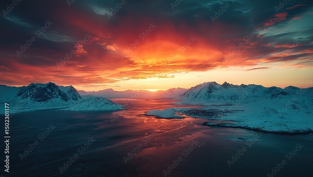 Fototapeta premium Vivid sunset over a snow-capped fjord landscape.