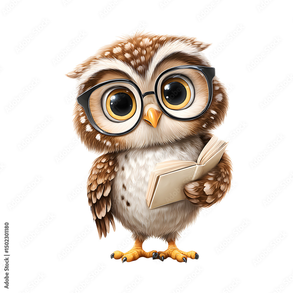 Fototapeta premium Charming cartoon owl, wise expression, holding a book, perfect for educational themes, adds a playful touch to learning materials. Isolated on white background or PNG