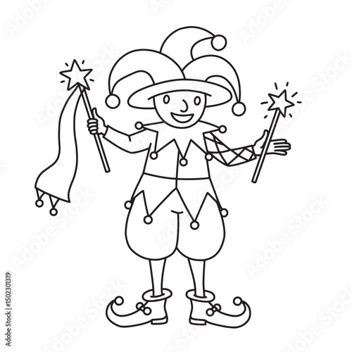 Vector illustration of a cheerful jester holding magic wands and wearing costume