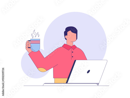Man working while enjoying tea. Tea illustration. Flat outline vector illustration concept.