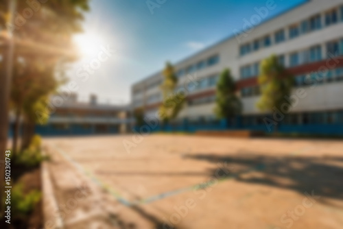 blurry school yard, with a yard full of trees and sunny weather, blurry school yard background