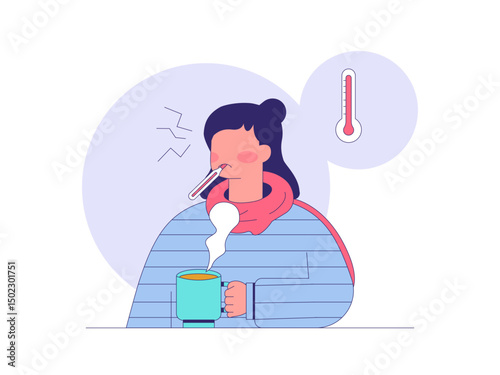 Girl warming up by drinking tea. Tea illustration. Flat outline vector illustration concept.