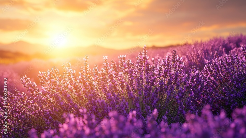Obraz premium Lavender field at golden sunset. Vibrant purple blossoms fill the foreground. Sunlight bathes the scene in warm hues. Gentle golden light highlights the landscape