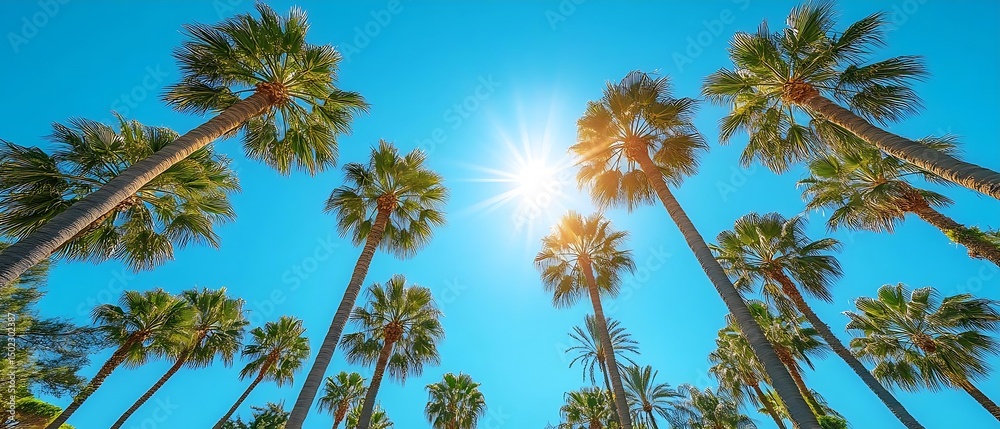Fototapeta premium Sunny Palm Trees, Tropical Vacation