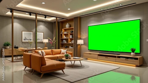 A modern living room with a large green screen TV, cozy orange sofa, stylish decor, and warm ambient lighting.