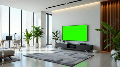 A modern living room with large windows, indoor plants, a desk, and a TV displaying a green screen.